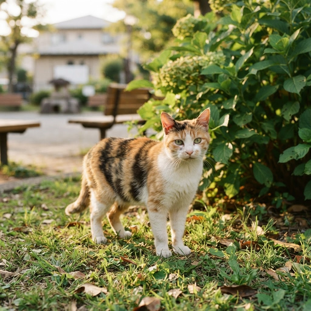 草むらにいる三毛猫