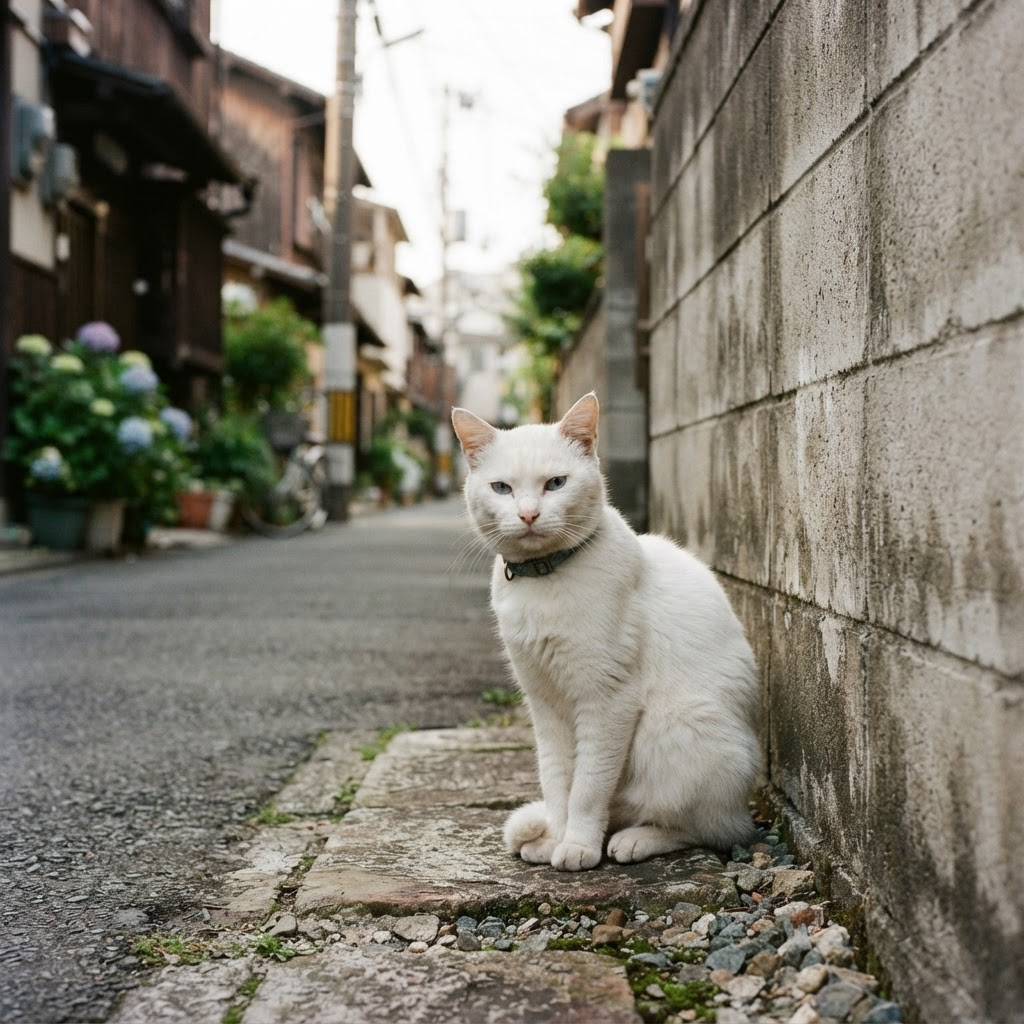壁際に座る白猫